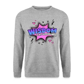 Wijsheid is mijn superkrachteigenschap - Uniseks sweater - witgrijs gemêleerd - Voor - Alina (178cm) & Michal (187cm)