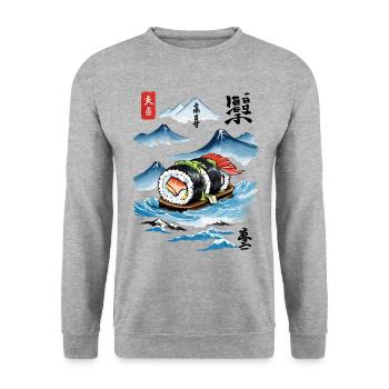 Ukiyo-e Sushi Art streetwear japonais - Sweat-shirt Unisexe - gris chiné - Devant - Alina (178cm) & Michal (187cm)