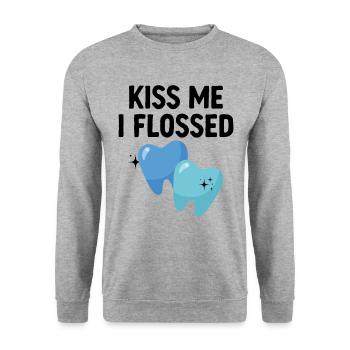 Küss mich ich Zahnseide Zahnarzt Zahnheilkunde Zahn D - Unisex Pullover - Weißgrau meliert - Vorne - Alina (178cm) & Michal (187cm)