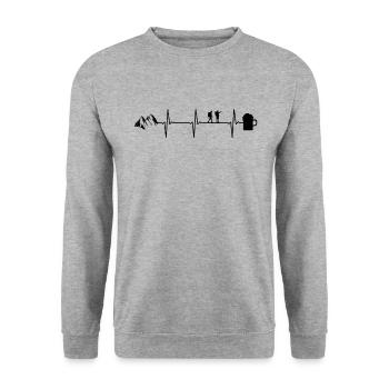 Wandern Bier EKG Herzschlag Bergsteiger - Unisex Pullover - Weißgrau meliert - Vorne - Alina (178cm) & Michal (187cm)