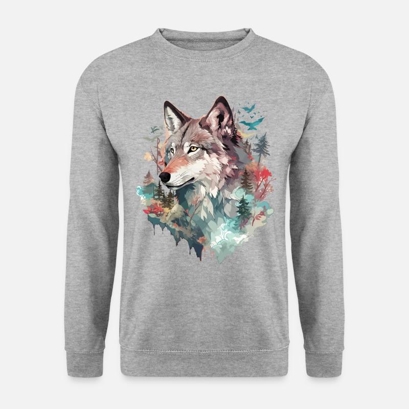 Wolf Wolfskopf Natur Wildnis Abenteuer Wald Kunst - Unisex Pullover - Weißgrau meliert
