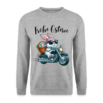 Frohe Ostern Hase Osterhase Motorrad Cool lustig - Unisex Pullover - Weißgrau meliert - Vorne - Alina (178cm) & Michal (187cm)