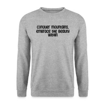 Wandern - Conquer mountains, embrace the beauty - Unisex Pullover - Weißgrau meliert - Vorne - Alina (178cm) & Michal (187cm)