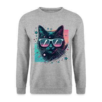80er Jahre Katze Neon Sonnenbrille cool Katzenmama - Unisex Pullover - Weißgrau meliert - Vorne - Alina (178cm) & Michal (187cm)