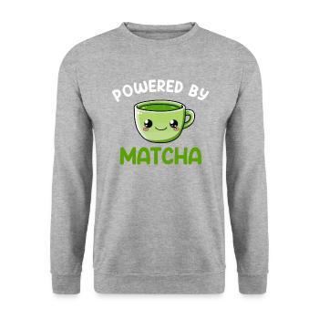 powered by matcha, matcha - Unisex Pullover - Weißgrau meliert - Vorne - Alina (178cm) & Michal (187cm)