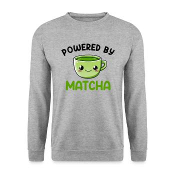 powered by matcha, matcha - Unisex Pullover - Weißgrau meliert - Vorne - Alina (178cm) & Michal (187cm)