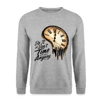 Zeitloses Motivationszitat mit schmelzenden Uhren - Unisex Pullover - Weißgrau meliert - Vorne - Alina (178cm) & Michal (187cm)