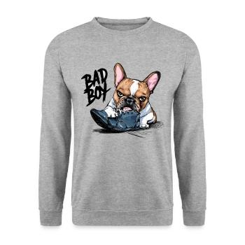 Französische Bulldogge zerkautem Schuh für - Unisex Pullover - Weißgrau meliert - Vorne - Alina (178cm) & Michal (187cm)