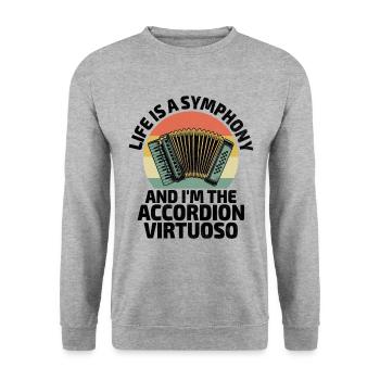 Das Leben ist eine Symphonie und ich bin der Akkordeon-Virtuose - Unisex Pullover - Weißgrau meliert - Vorne - Alina (178cm) & Michal (187cm)