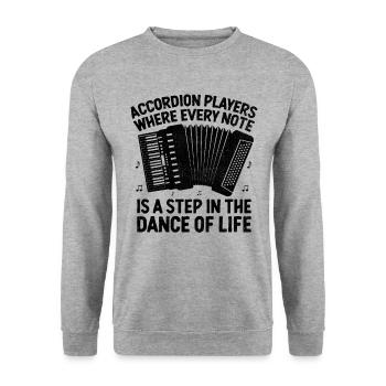 Akkordeonspieler, bei denen jeder Ton ein Schritt in die richtige Richtung ist - Unisex Pullover - Weißgrau meliert - Vorne - Alina (178cm) & Michal (187cm)