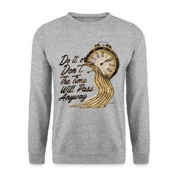 Zeitloses Motivationszitat mit schmelzenden Uhren - Unisex Pullover - Weißgrau meliert - Vorne - Alina (178cm) & Michal (187cm)