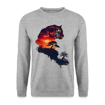 Japan Landscape Tiger Bonsai Tree Aesthetic - Unisex Sweatshirt - salt & pepper - Front - Alina (178cm) & Michal (187cm)
