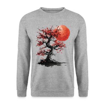 Japanese Tree Red Moon Birds Aesthetic Bonsai - Unisex Sweatshirt - salt & pepper - Front - Alina (178cm) & Michal (187cm)
