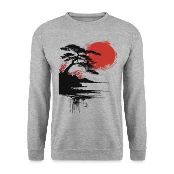 Japon Paysage Lune Rouge Bouddhisme Esthétique - Sweat-shirt Unisexe - gris chiné - Devant - Alina (178cm) & Michal (187cm)