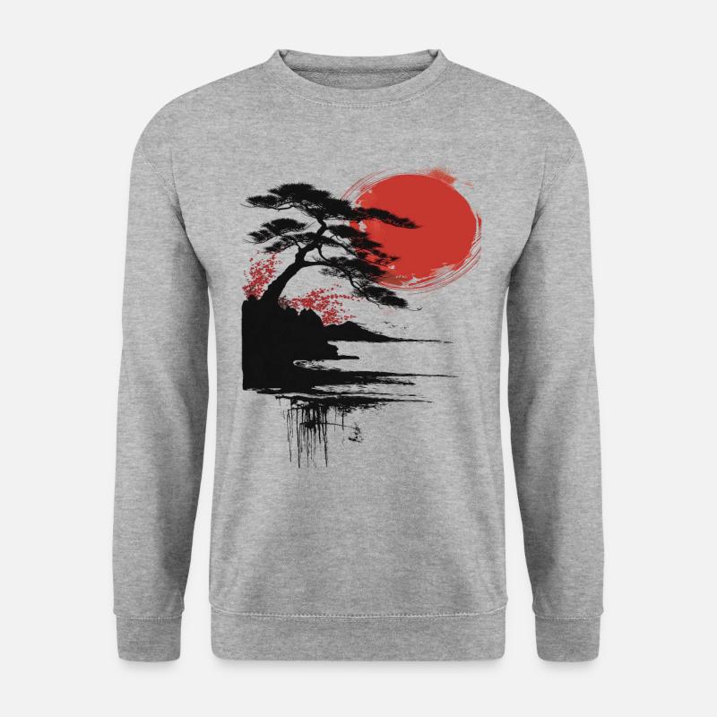Japan Landschaft Roter Mond Buddhism Aesthetic - Unisex Pullover - Weißgrau meliert