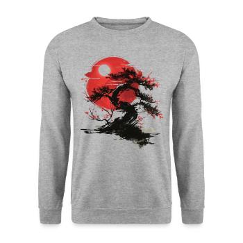 Japanese Tree Buddhism Roter Mond Aesthetic Bonsai - Unisex Pullover - Weißgrau meliert - Vorne - Alina (178cm) & Michal (187cm)