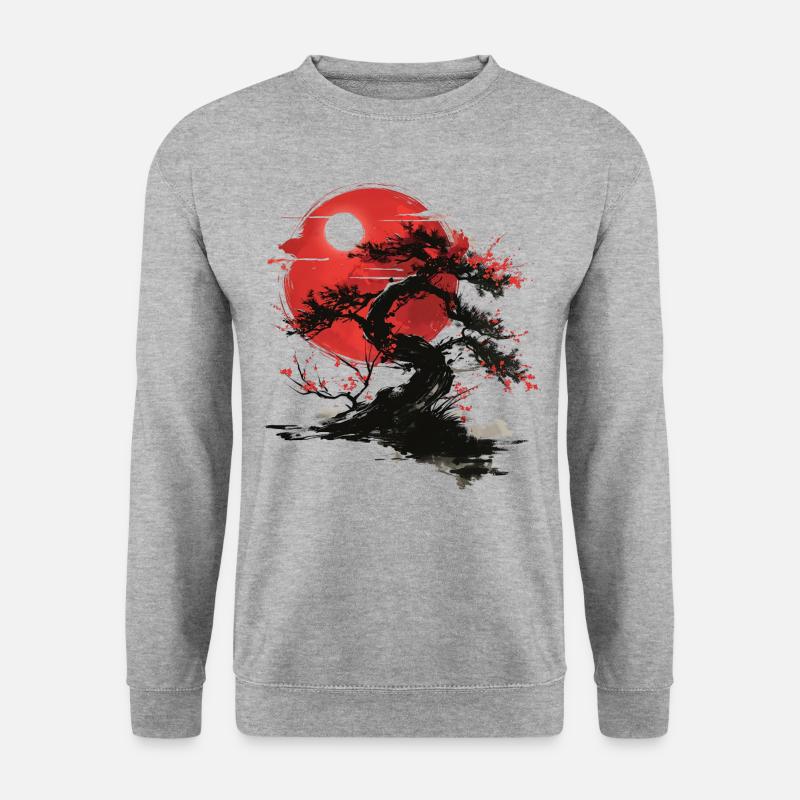Japanese Tree Buddhism Roter Mond Aesthetic Bonsai - Unisex Pullover - Weißgrau meliert