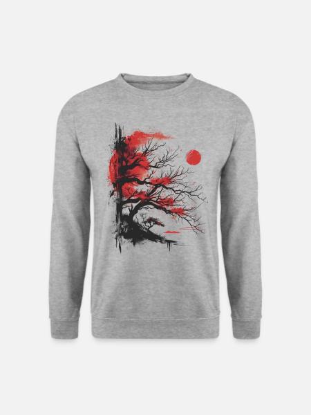 Japanese Tree Aesthetic Buddhism Roter Mond Bonsai - Unisex Pullover - Weißgrau meliert