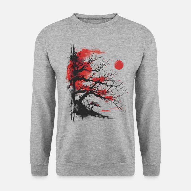 Japanese Tree Aesthetic Buddhism Roter Mond Bonsai - Unisex Pullover - Weißgrau meliert