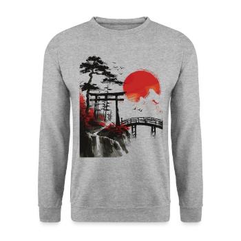 Japan Landscape Red Moon Trees Birds Bonsai - Unisex Sweatshirt - salt & pepper - Front - Alina (178cm) & Michal (187cm)