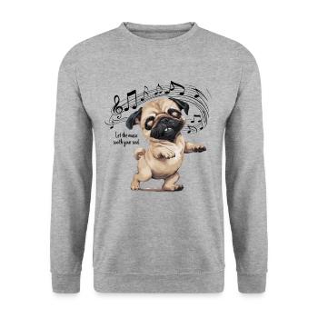 Lass die Musik deine Seele Tanzender Mops - Unisex Pullover - Weißgrau meliert - Vorne - Alina (178cm) & Michal (187cm)
