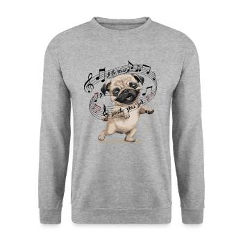 Lass die Musik deine Seele Tanzender Mops - Unisex Pullover - Weißgrau meliert - Vorne - Alina (178cm) & Michal (187cm)