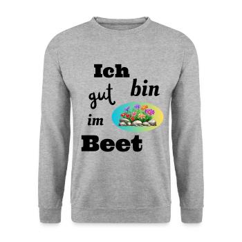 lustiger Spruch - Garten - gut im Beet - Grünhumor - Unisex Pullover - Weißgrau meliert - Vorne - Alina (178cm) & Michal (187cm)