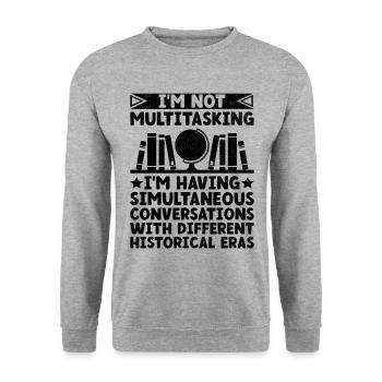 Geschichtslehrer Lustige Geschichtslehrer Sprüche - Unisex Pullover - Weißgrau meliert - Vorne - Alina (178cm) & Michal (187cm)
