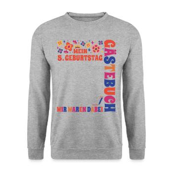 Kinder 5. Geburtstag Gästebuch Unterschreiben - Unisex Pullover - Weißgrau meliert - Vorne - Alina (178cm) & Michal (187cm)