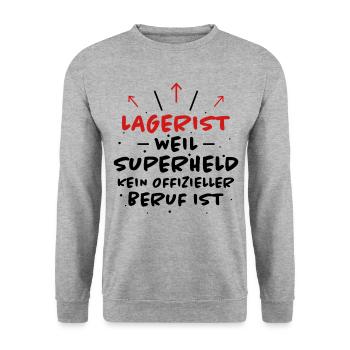 Lagerist Spruch Logistik Lustige Lagerist Geschenk - Unisex Pullover - Weißgrau meliert - Vorne - Alina (178cm) & Michal (187cm)