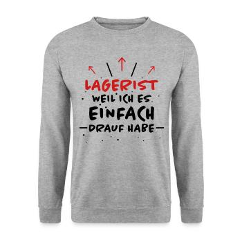 Lagerist Spruch Logistik Lustige Lagerist Geschenk - Unisex Pullover - Weißgrau meliert - Vorne - Alina (178cm) & Michal (187cm)