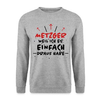 Metzger Spruch Fleischer Lustiges Metzger Geschenk - Unisex Pullover - Weißgrau meliert - Vorne - Alina (178cm) & Michal (187cm)