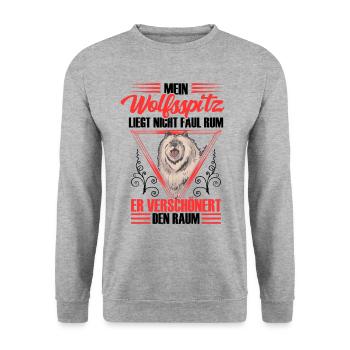 Wolfsspitz ist nicht faul Keeshond - Unisex Pullover - Weißgrau meliert - Vorne - Alina (178cm) & Michal (187cm)
