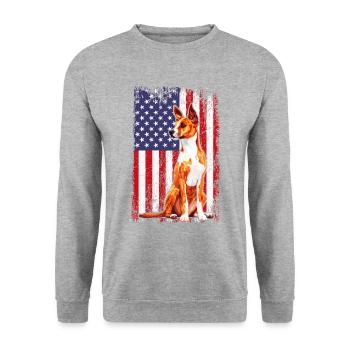 basenji american flag, basenji - Unisex Pullover - Weißgrau meliert - Vorne - Alina (178cm) & Michal (187cm)