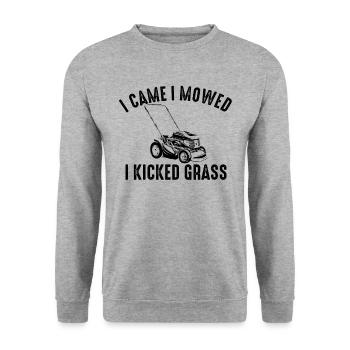 I Came I Mowed I Kicked Grass Lawn Mowing - Unisex Pullover - Weißgrau meliert - Vorne - Alina (178cm) & Michal (187cm)