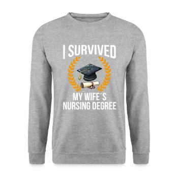 i survived my wifes nursing degree, nursing - Unisex Pullover - Weißgrau meliert - Vorne - Alina (178cm) & Michal (187cm)