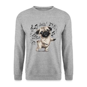 Lass die Musik deine Seele Tanzender Mops - Unisex Pullover - Weißgrau meliert - Vorne - Alina (178cm) & Michal (187cm)