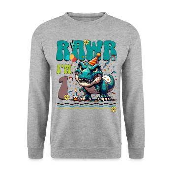 1er anniversaire Rawr T Rex Dinosaure - Sweat-shirt Unisexe - gris chiné - Devant - Alina (178cm) & Michal (187cm)