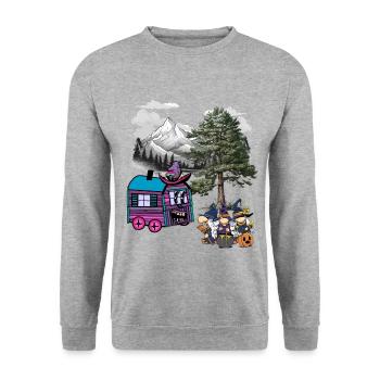 Hexe Hexen Halloween Bauwagen - Unisex Pullover - Weißgrau meliert - Vorne - Alina (178cm) & Michal (187cm)