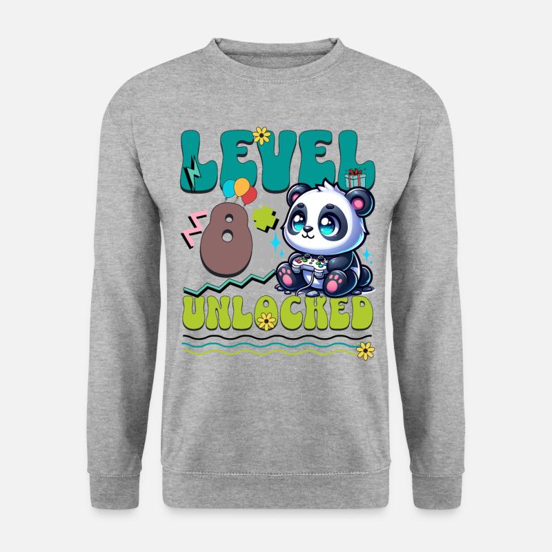 8. Geburtstag Level Unlocked Gaming Panda - Unisex Pullover - Weißgrau meliert