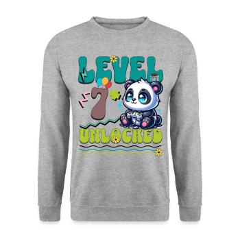 7. Geburtstag Level Unlocked Gaming Panda - Unisex Pullover - Weißgrau meliert - Vorne - Alina (178cm) & Michal (187cm)