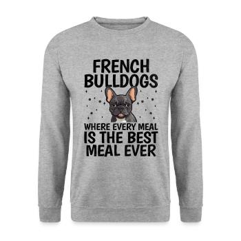 Französische Bulldoggen, bei denen jede Mahlzeit die beste Mahlzeit ist - Unisex Pullover - Weißgrau meliert - Vorne - Alina (178cm) & Michal (187cm)