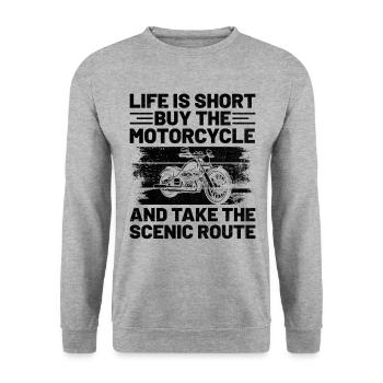 Das Leben ist kurz, aber das Motorrad und nimm die Kulisse - Unisex Pullover - Weißgrau meliert - Vorne - Alina (178cm) & Michal (187cm)
