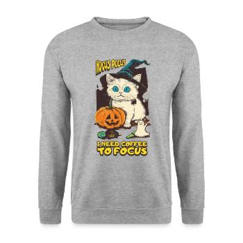 Hocus Pocus Katze Kürbis Halloween Lustig - Unisex Pullover - Weißgrau meliert - Vorne - Alina (178cm) & Michal (187cm)