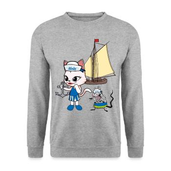 maritim Katze Ratte Seemänner Moin Kinder - Unisex Pullover - Weißgrau meliert - Vorne - Alina (178cm) & Michal (187cm)