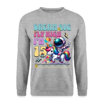 Astronaute Licorne 15e anniversaire - Sweat-shirt Unisexe - gris chiné - Devant - Alina (178cm) & Michal (187cm)