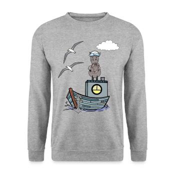 Seepferd Matrose maritim Kinder Kind Boot Ahoi - Unisex Pullover - Weißgrau meliert - Vorne - Alina (178cm) & Michal (187cm)