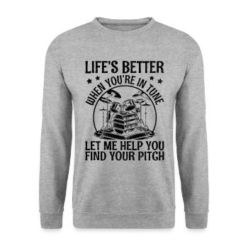 Das Leben ist besser, wenn du im Einklang bist Lass mich helfen Musi - Unisex Pullover - Weißgrau meliert - Vorne - Alina (178cm) & Michal (187cm)