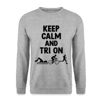 Bleib Ruhig und Tri On Triathlon Schwimmen Rad Laufen Triat - Unisex Pullover - Weißgrau meliert - Vorne - Alina (178cm) & Michal (187cm)