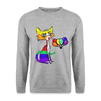 LGBT Katze Geburtstag Geburtstagsgrüße Gay Pride - Unisex Pullover - Weißgrau meliert - Vorne - Alina (178cm) & Michal (187cm)